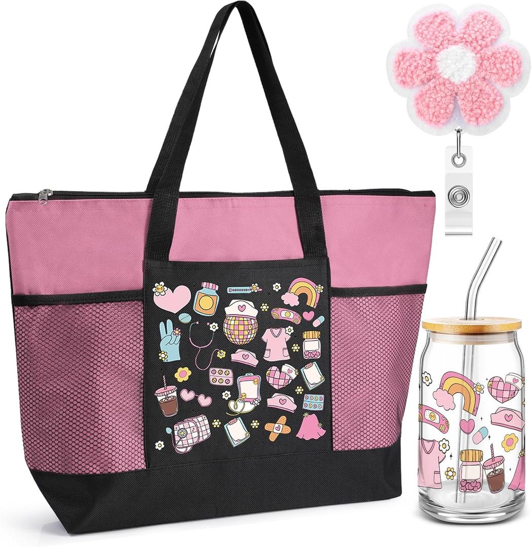 Dunzoom 3 Pcs Nurse Gifts for Women Rn Nurse Tote Bag 17oz Tumbler Badge Reel Appreciation Gifts Set for Nurses Female Coworkers Office Obgyn Emergency Student Gynecologist Cna