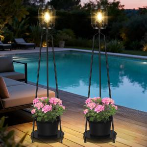 TOWPONICS 2-Pack Solar Lights with Plant Stands, 40.75'' Solar Powered Outdoor Floor Lamp with Planter, IP65 Waterproof Outdoor Lamp for Patio Deck Porch Yard Garden Decor, 8-12 Hours Lighting