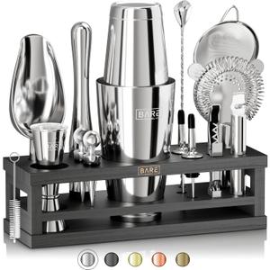 BARE BARREL® Mixology Bartender Kit Bar Set | 16-Piece Cocktail Shaker Set | Martini Barware Mixing Tools for Home Bartending | Incl. 35 Recipe Cards | Gift Set (28oz Boston Shaker, Silver/Black)