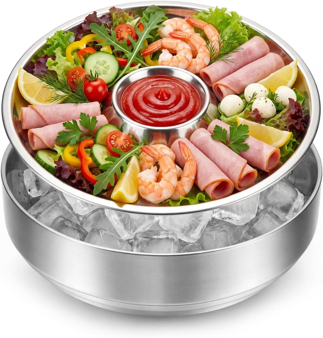 Shrimp Cocktail Serving Dish Chilled Serving Tray for Parties with Ice Bowl Stainless Steel Platter Charcuterie Servings Board Cold Dish for Shrimp Seafood Fruit Vegetable Buffet Restaurant