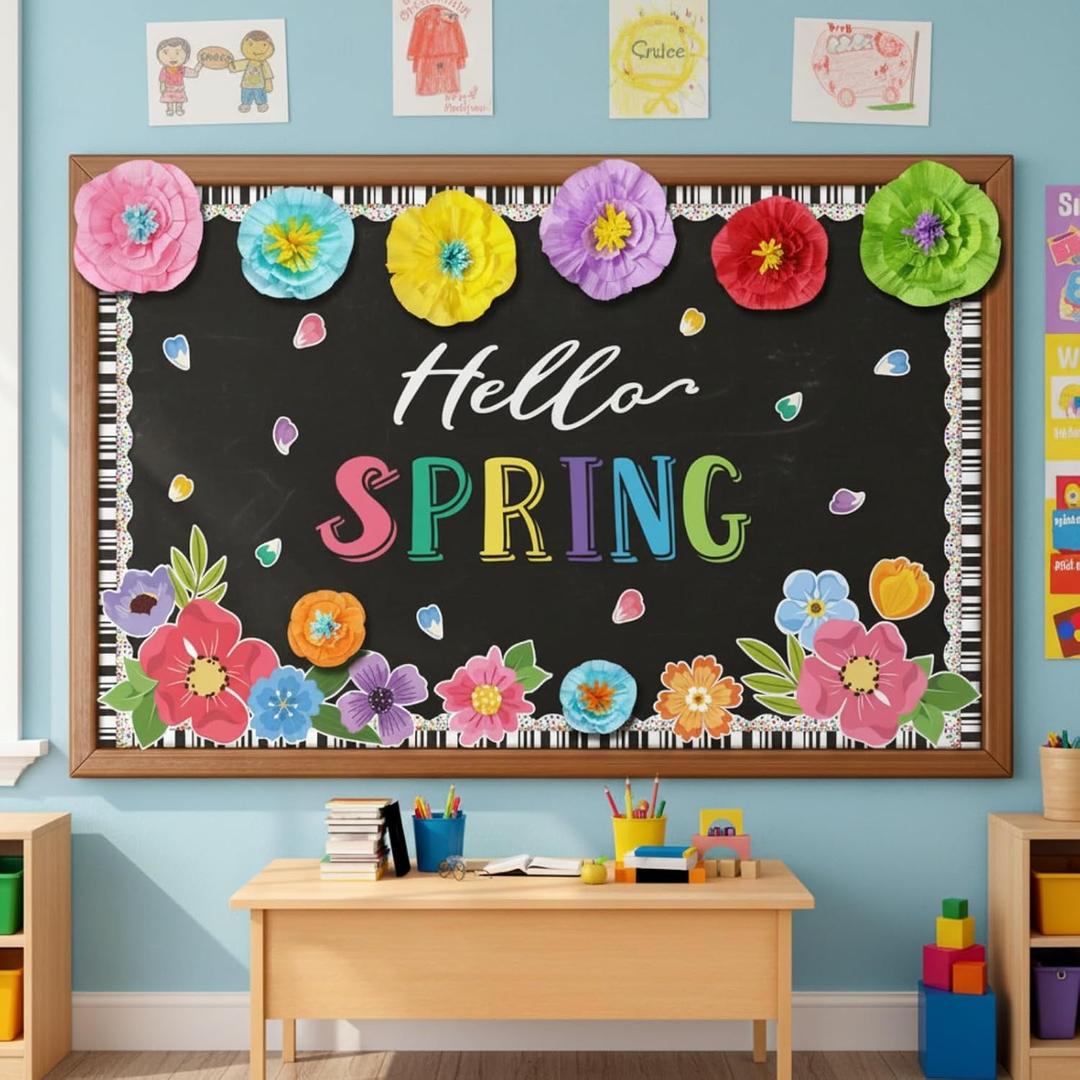 Lunmon 62 Pcs Spring Bulletin Board Set with Borders, 3D Paper Flowers & Cutouts for Classroom Decoration, Hello Spring Floral Wall Decor for Teacher, Chalkboard, Door & Hallway, 11.81 x 7.87 inches