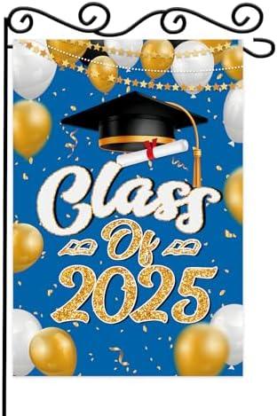 Class of 2025 Congrats Grad Decorative Garden Flag,Blue Gold Graduation Cap Diploma Medal Yard Outside Home Decoration, High School College Outdoor Small Decor Double Sided 12x18 , Pack of 4