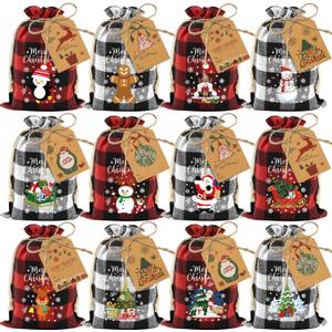 Aviski 36PCS Cotton Medium Christmas Drawstring Candy Treat Bags Buffalo Plaid Xmas Xmas Christmas Fabric Goody Gift Sacks Reusable Gift Wrapping Bags Holiday Party Favors - Red/White