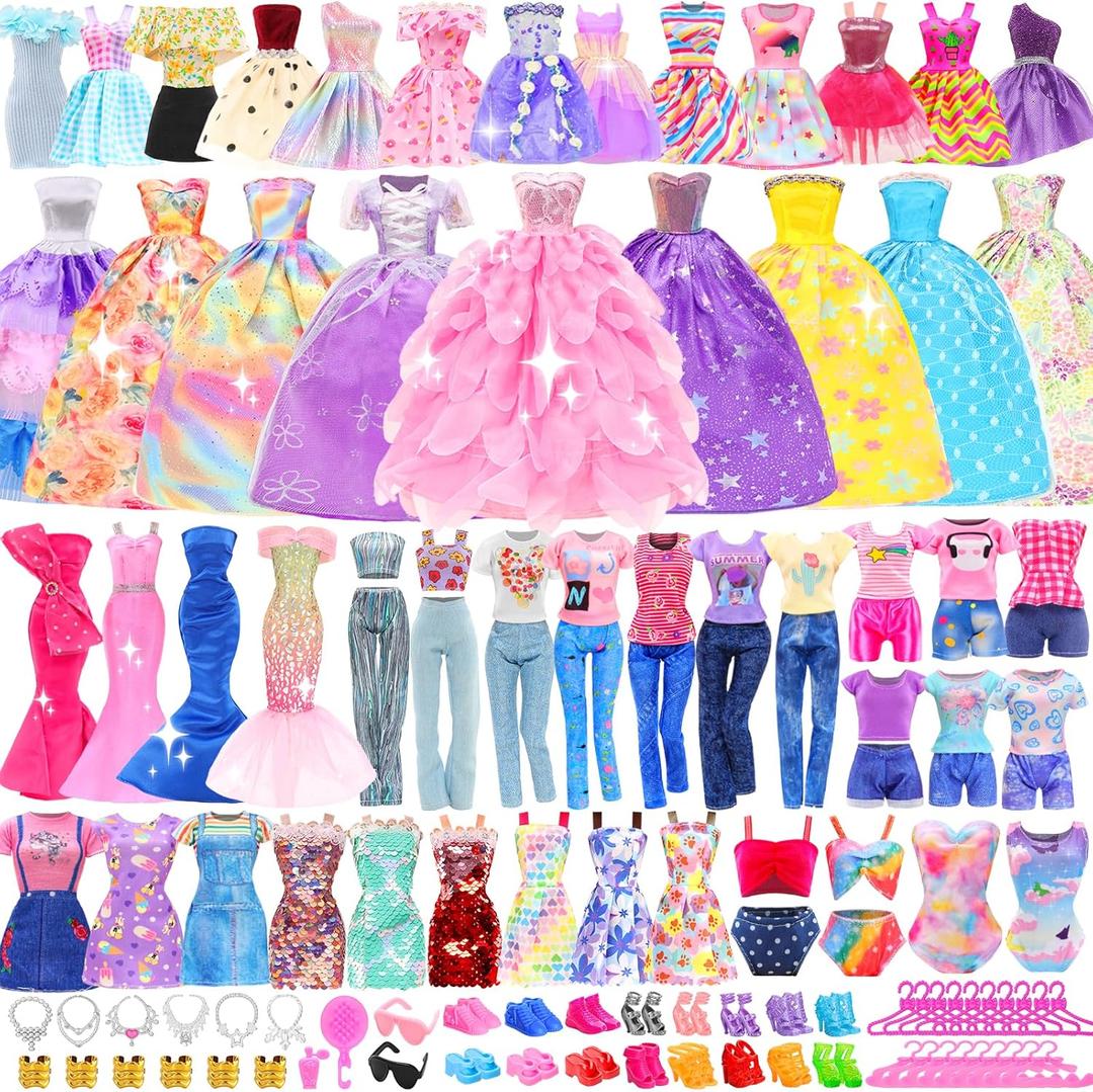 80 PCS Doll Clothes and Accessories 5 Wedding Gowns 9 Fashion Dresses 3 Tops 3 Pants 1 Evening Dresses 2 Swimsuits Bikini 20 Hangers 18 Shoes and 22 Accessories Toys for 11.5 inch Doll