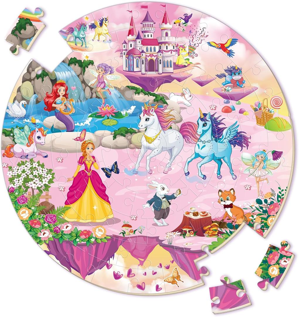 SYNARRY Unicorn Princess Mermaid Fairy Floor Puzzle for Kids Ages 3-5, Large 70 Piece Wooden Puzzle for Kids Ages 4-6, Preschool Toys Gifts for 3 4 5 6 7 8 Years Old Boys Girls Children