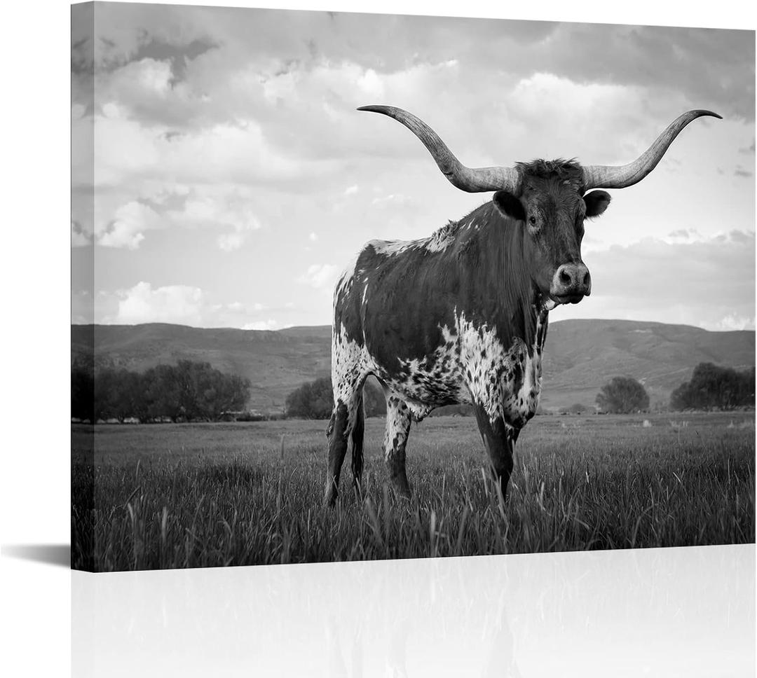 Visual Art Decor Longhorn Cow Pictures Black and White Cow Painting Canvas Wall Art Framed Artwork for Home Decor 24inchx32inch