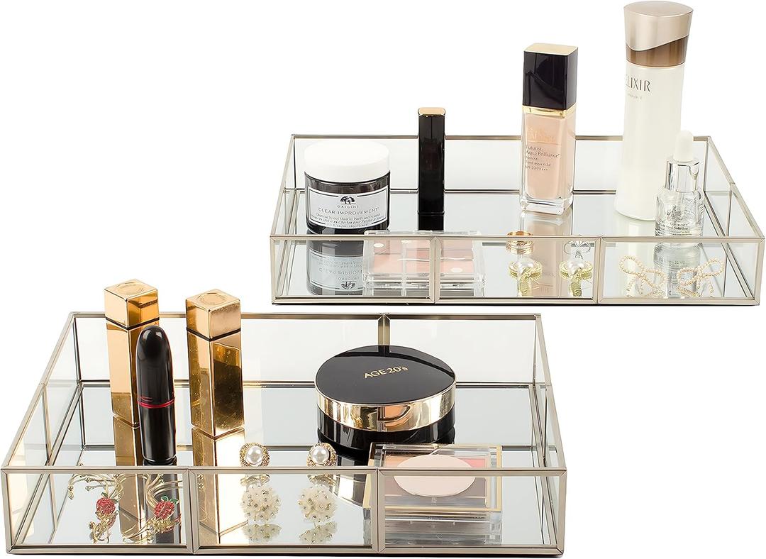 Perfume Vanity Tray With Metal Frame, Gold Bathroom Decorative Tray for Dresser, Jewelry or Home Decoration 2 Pcs (L+S)