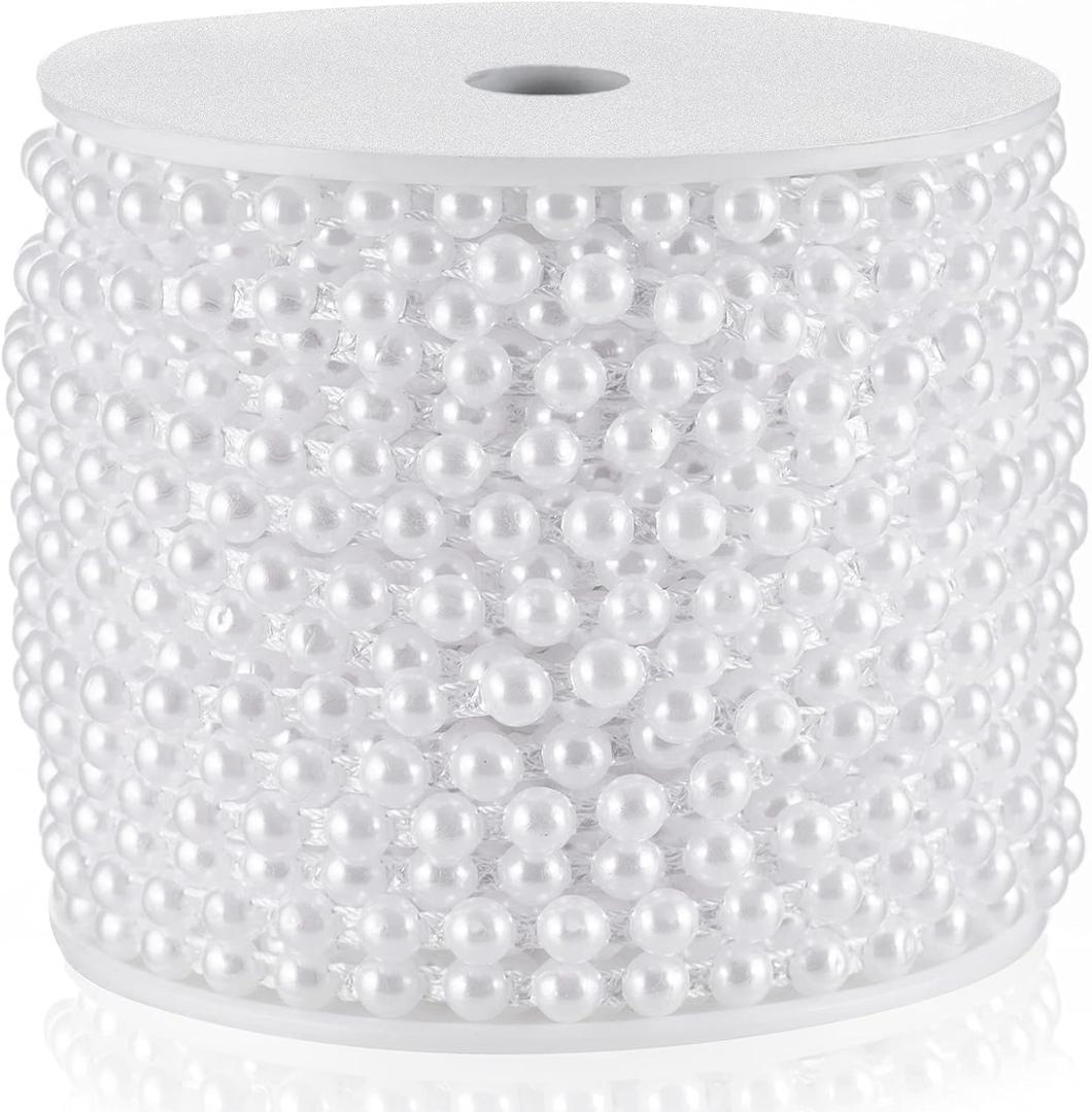 Half-Round Pearl Bead Garland String 27 Yards, 6MM Flat Pearl Beaded Spool Roll Crafts for Wedding Party Decoration(White)