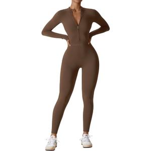 YEOREO Women Long Sleeve Workout Jumpsuit Zip Up Romper Bottom Pants Bodysuit Bodycon Sexy One Piece (Coffee)
