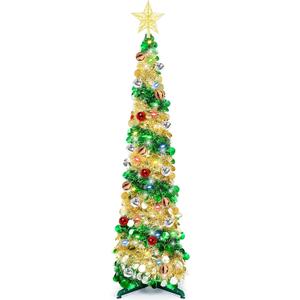 5 Ft Pop Up Tinsel Christmas Tree with Timer 60 Warm Multi Color Change Lights 25 Ball Ornaments 4 Modes 3D Star Battery Operated Artificial Xmas Tree Home Indoor Outdoor Decor (Green Gold)
