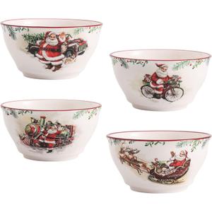 Bico Santa On The Way Cereal Bowls Set of 4, 25 oz Deep Ceramic Soup Bowls for Cereal, Salad, Noodles, Kitchen, Microwave and Dishwasher Safe, Gift for Housewarming and Christmas