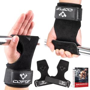 COFOF Weight Lifting Wrist Strap, Double Layer Leather Wrist Strap for Deadlift and Powerlifting, Adjustable Neoprene Padded Gym Workout Lifting Hooks (Pair)