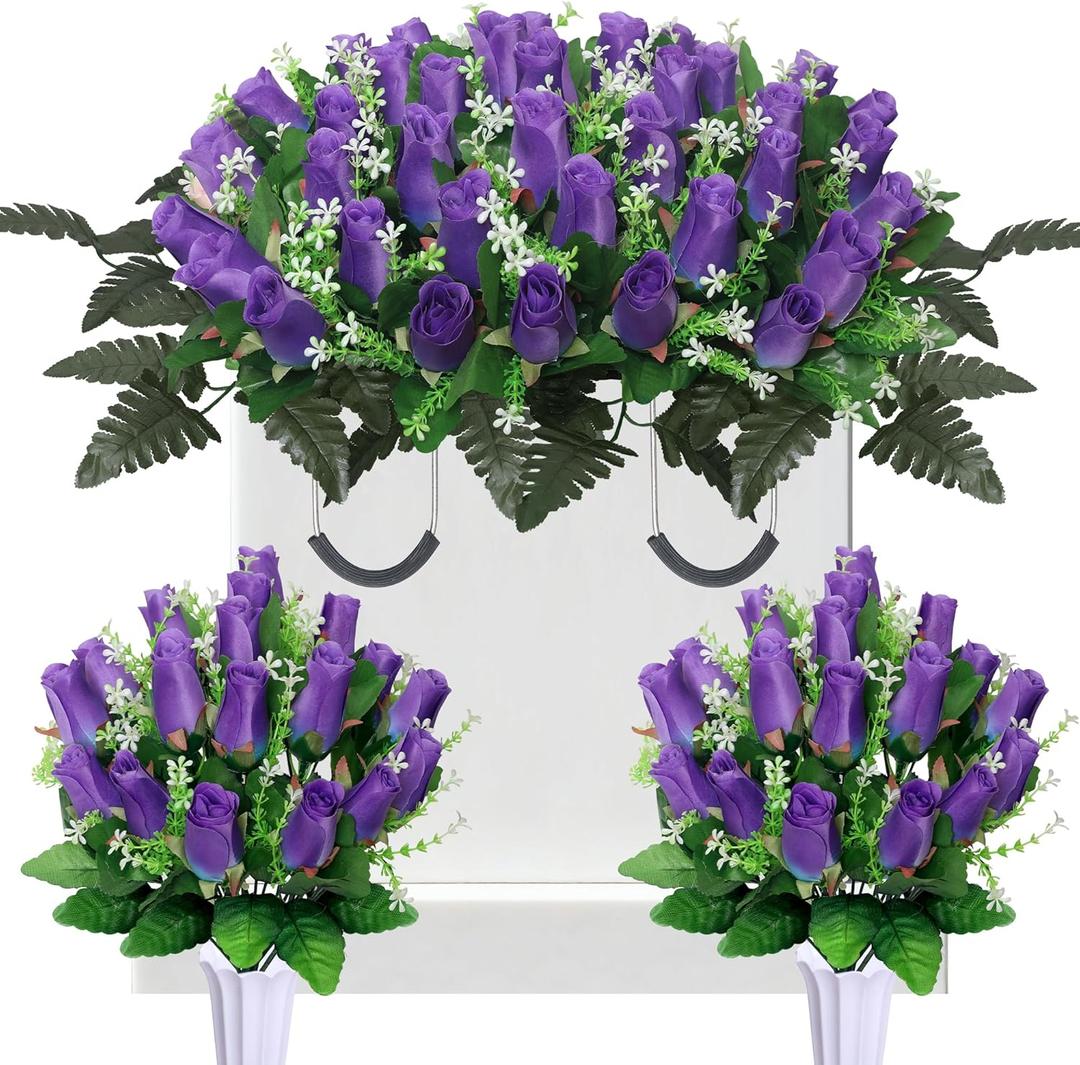 3 Set Artificial Cemetery Flowers for Grave,Headstone Flower Saddle with 2 Memorial Rose Bouquets with Vases for Grave Tombstone Decorations(Purple)