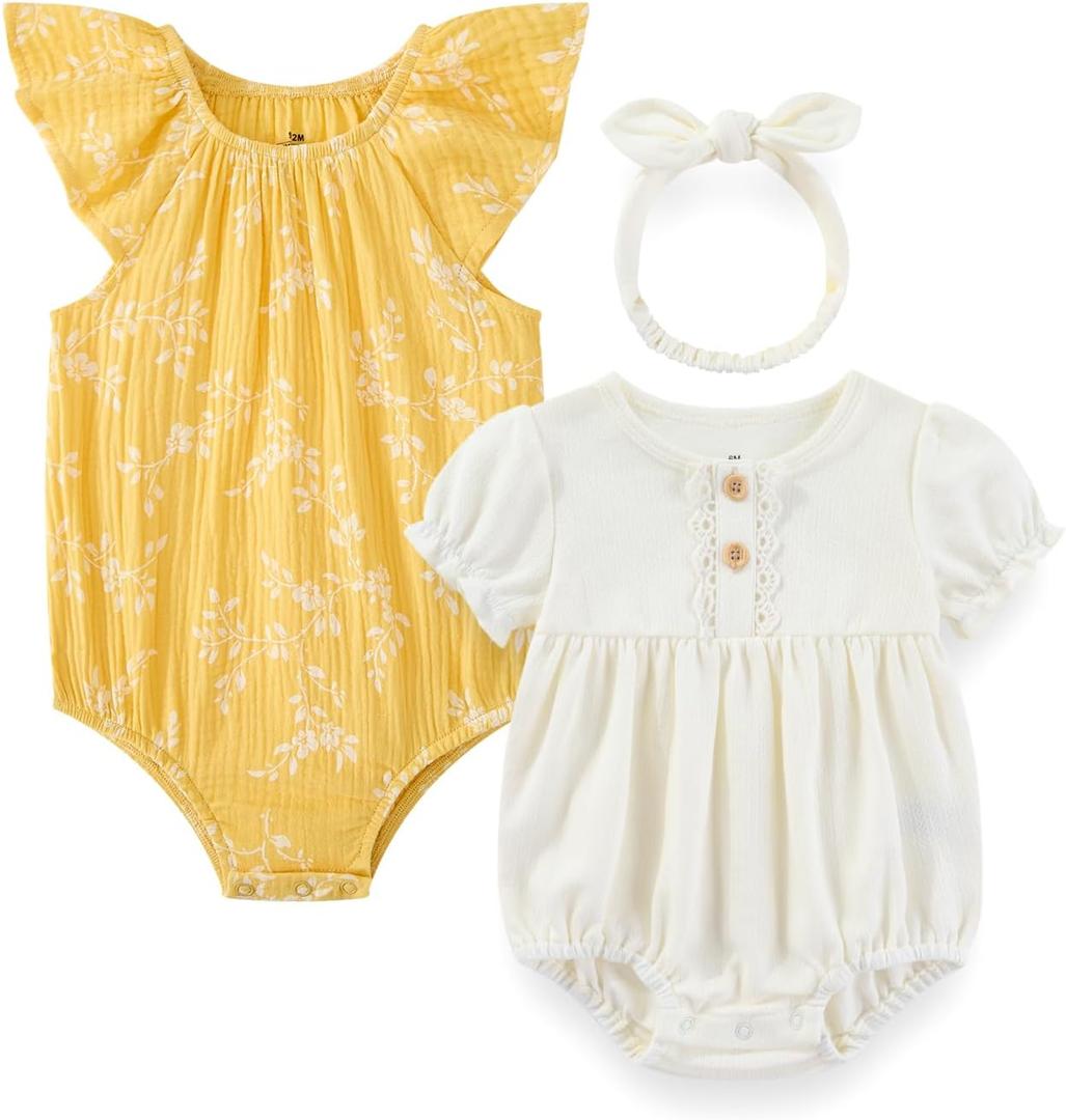 Baby Girl Bodysuit and Headband Outfit Cotton Ruffle Sleeveless Baby Clothes (0-3 Months, Beige+yellow Plant)