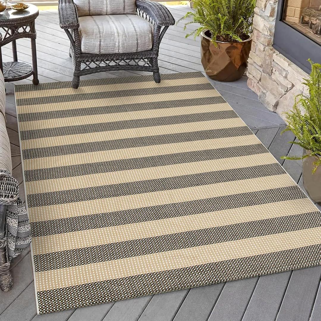 OJIA Washable Outdoor Rug 4'x6', Cotton Woven Outdoor Patio Rug Tan Front Porch Rug Outdoor Door Mat Entryway Rugs Indoor Area Rugs Floor Mat for Backyard/Entry/Kitchen/Bedroom/Living Room (Tan/Black/White)