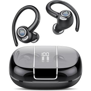 Wireless Earbuds Bluetooth 5.3 Headphones Sports, 48Hrs Playback Over Ear Buds with CVC8.0 Mic, Bass Stereo Bluetooth Earbuds with Earhooks, LED Display, IP7 Waterproof Earphones for Workout/Running (Black)