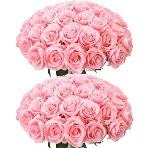 50pcs Artificial Roses Flowers in Bulk,Realistic Silk Fake Rose with Long Stem for Wedding Centerpieces Bouquet Party Floral Arrangement Home Decoration(Pink)