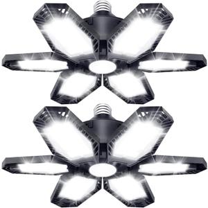 TANBABY 2 Pack LED Garage Lights, 150W Deformable Best Ceiling Shop Lights, 15000LM LED Light 6500K Garage Lighting with 6+1 Adjustable Panels Bulb for Basement (150W White-Plastic 2 Pack)