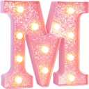 Pink Marquee Light Up Letters, Glitter Alphabet LED Letter Lights for Pink Birthday Party Decorations, Battery Operated Letter Sign for Girls Room Vanity Table Decor, Warm White Lights Letter M