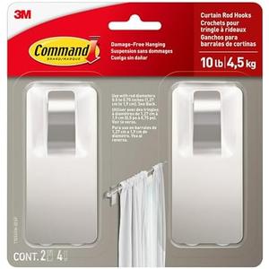 Command 10 lb Satin Nickel Curtain Rod Hooks, 2 Hooks and 4 Command Strips, Damage Free Curtain Rods Hangers with Adhesive, No Drilling Home and Room Decor