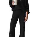 ETCYY NEW Womens 2 Piece Outfits Sweater Lounge Set Casual V Neck Knit Pajama Set Long Sleeve Top Wide Leg Pants Loungewear, Black, XL