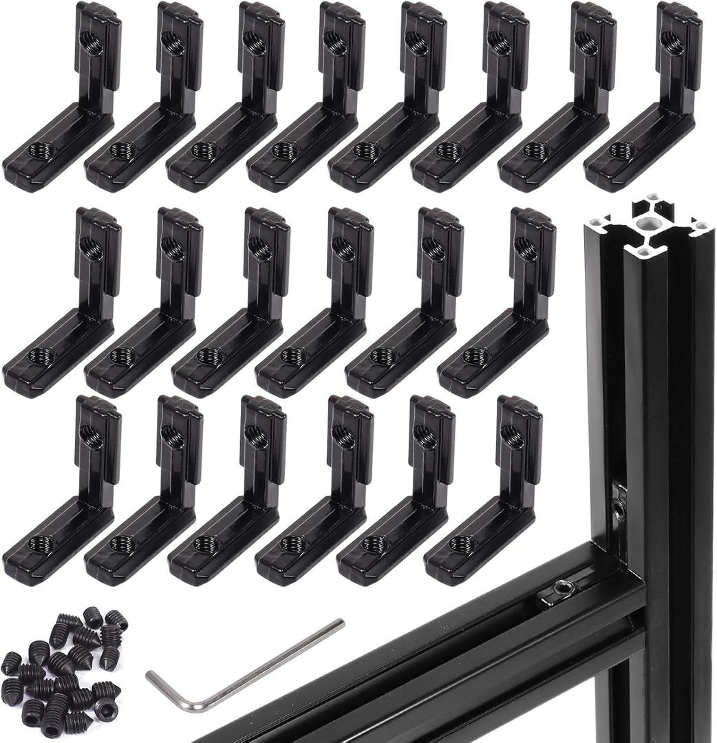 20pcs 2020 Extrusion 20 Series Corner Bracket Connector Black T-Slot L-Shape Interior Joint for Aluminum Profile Slot Connector Set 6mm with Screws&Wrench