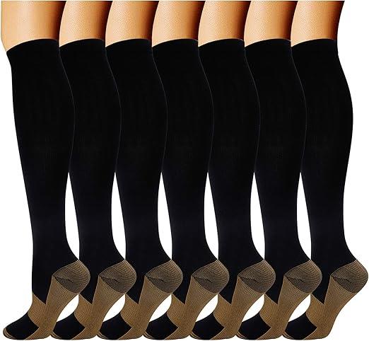 Double Couple 7 Pairs Copper Compression Socks for Men Women 20-30 mmHg Knee High Stockings S-M