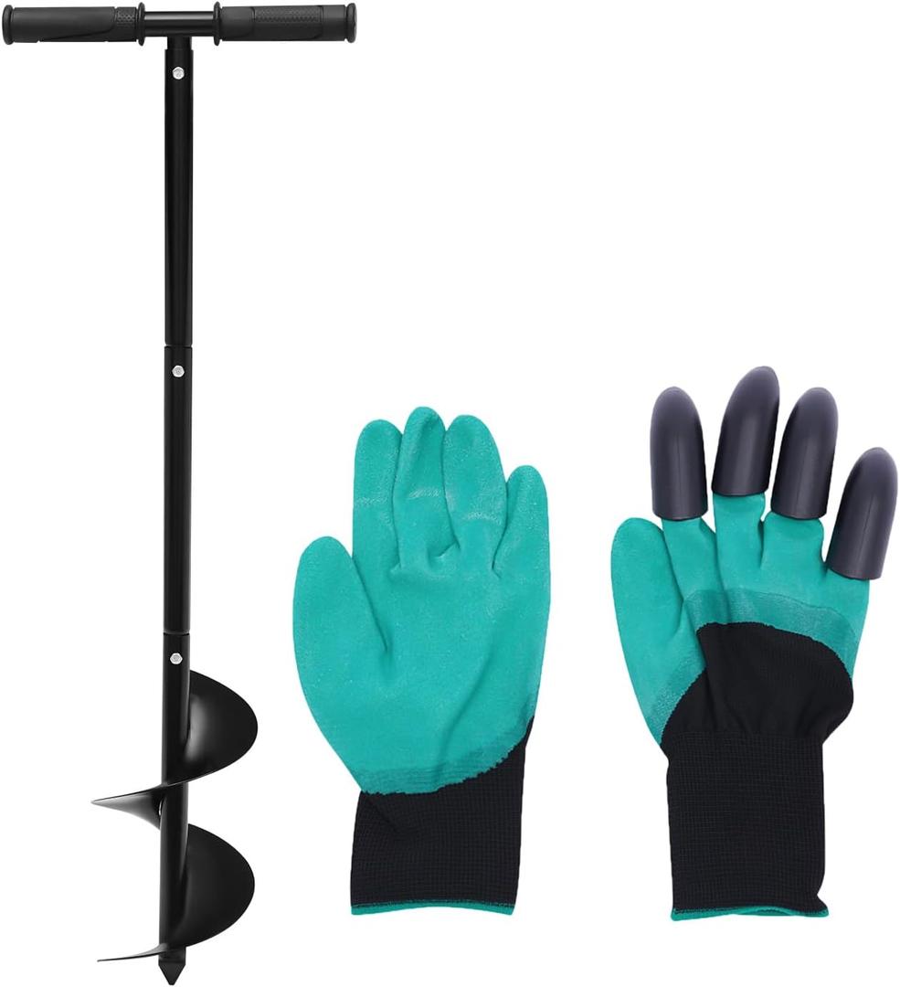 Hand Auger Post Hole Digger, T Shaped 6"x 33.46" Manual Garden Auger Spiral Drill Bit Fence Post Auger with Gloves and Non-Slip Handle for Planting Bulb Flower Tree Seedlings