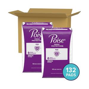 Poise Incontinence & Postpartum Pads for Bladder Leaks, 4 Drop Moderate Absorbency, 66 Pads, Pack of 2