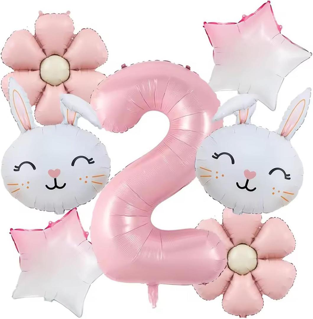 7PCS Rabbit Daisy Balloons Decorations with 32 Inch Pink Number 2nd Balloons for Easter Bunny Theme Birthday Party Kids Toy Gifts (2nd Birthday)