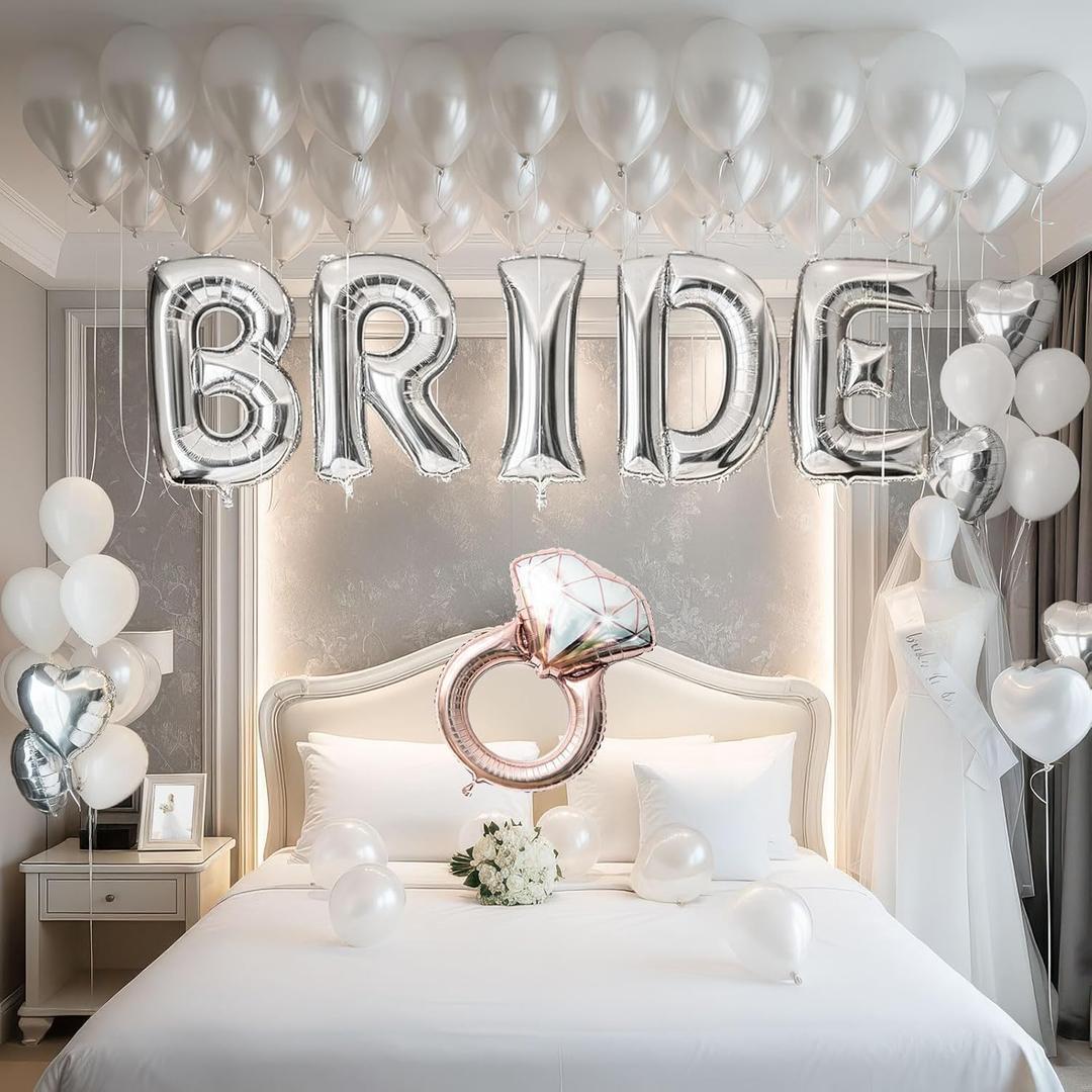 Silver Bridal Shower party decorations with huge 40in silver BRIDE letter Pearl Balloons BRIDE to be Sash Bridal Veil Diamond Ring Heart shape Balloons For Bachelorette party Wedding supplies