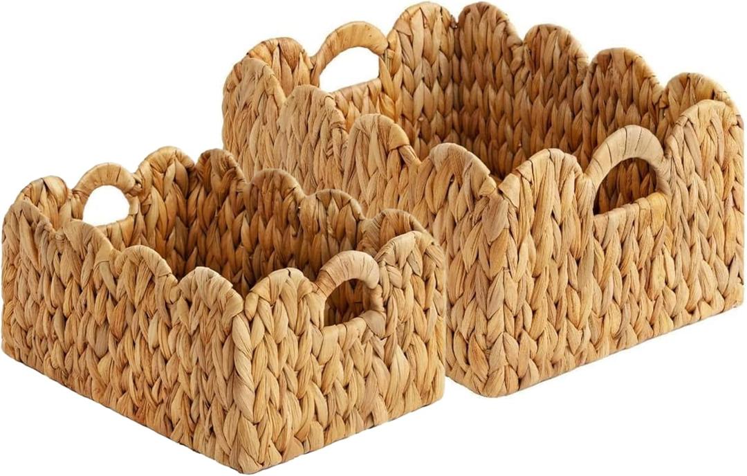 Set of 2 Scalloped Edge Wicker Storage Basket with Built-in Handles, Rectangle Water Hyacinth Basket for Organizing, Decorative Woven Rattan Basket for Shelf, Nursery Room
