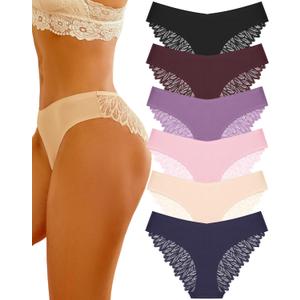 Sth Big Cheeky Underwear for Women Lace No Show Bikini Soft Breathe Seamless Panties Ladies Sexy Hipster Set 6 Pack (Large)