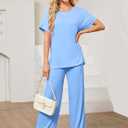 Womens 2 Piece Outfits Shorts Sleeve Tops Wide Leg Pants Casual Trendy Lounge Matching Set 2025 (Blue, XL)