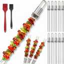 Kabob Skewers for Grilling, 10 Pack 13" Double Pronged with Push Bar, Stainless Steel BBQ Skewers with 2 Brushes, Reusable for Meat, Shrimp, Chicken, Veggie, Perfect for Camping & Family Use.