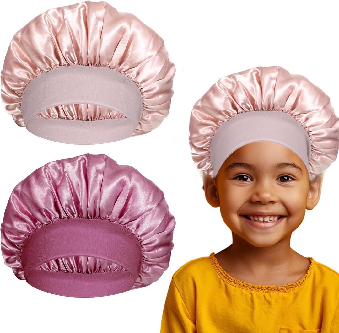 2 PCS Bonnets for Kids Baby Silk Satin Sleeping Cap Kid Bonnets Girl Curly Hair Wrap Elastic Wide Band Bonnet Sleep Cap for Child Toddler Teenager