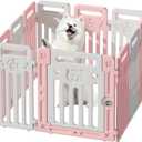 Dog Playpen Clear Fence Pet Puppy Cat Small Play Pen Indoor Foldable Kennel Whelping Box for Dogs with Gate (Pink + White, 10 Panels+1 Door)