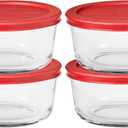 Anchor Hocking SnugFitTM Round Food Storage Containers with Lids (4-Piece, 4-cup, Red, oven-safe)