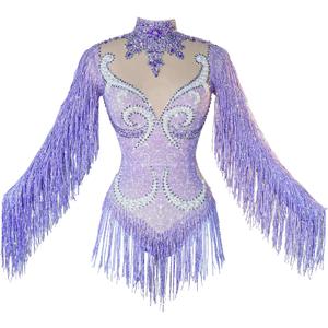 Youmeisha Sexy Fringe Rhinestone Bodysuit Mesh Perspective Women Birthday Party Outfit Team Dance Show Drag Queen Costumes (Purple) Size 12~18