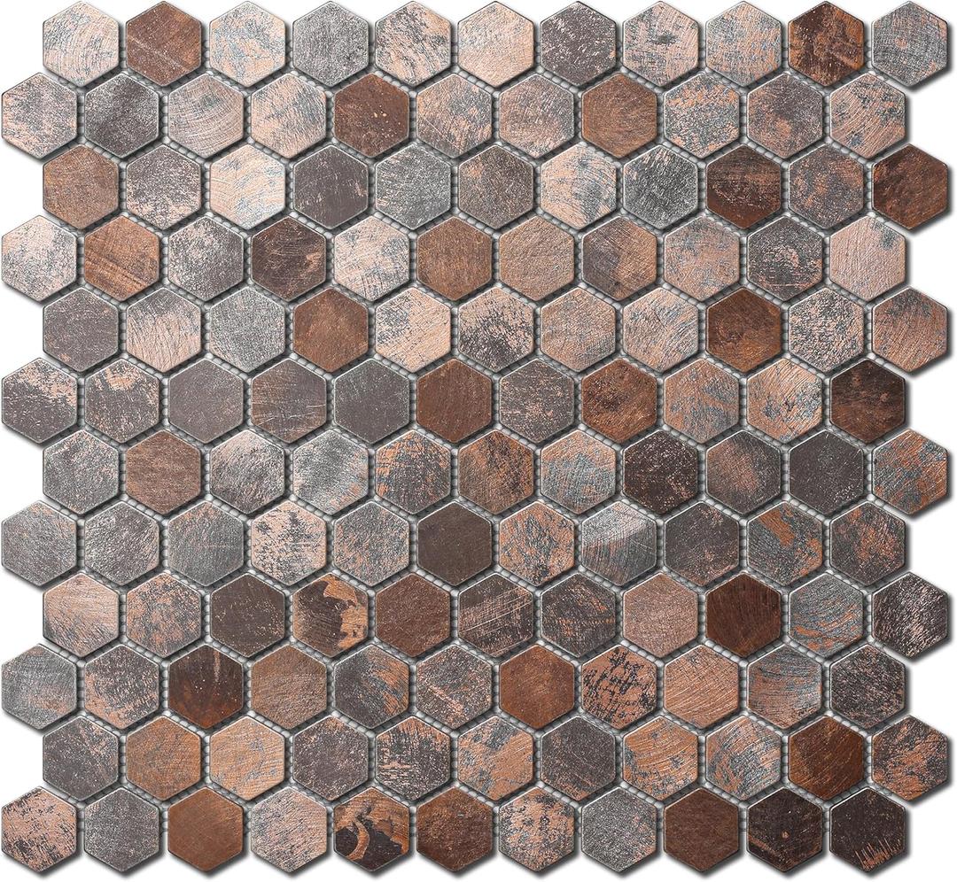 Blujellyfish Hexagon Mosaic Tile Antique Earthy Brown Metallic Textured Wall Backsplash Tile (Pack of 5 Sheets) (5 square feet)