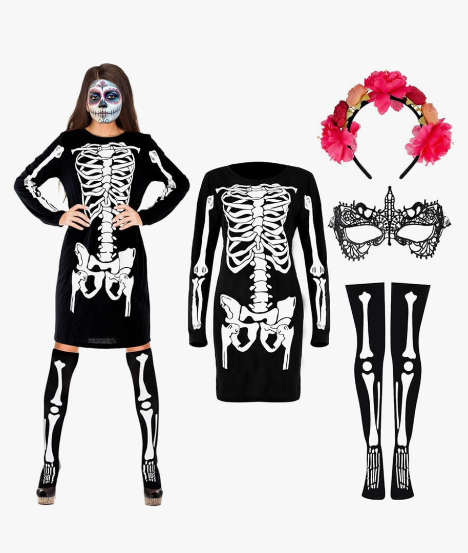 Ramede 4 Pcs Day of The Dead Costume for Women Halloween Cosplay Skeleton Dress Thigh High Socks Flower Headband Lace Mask XL