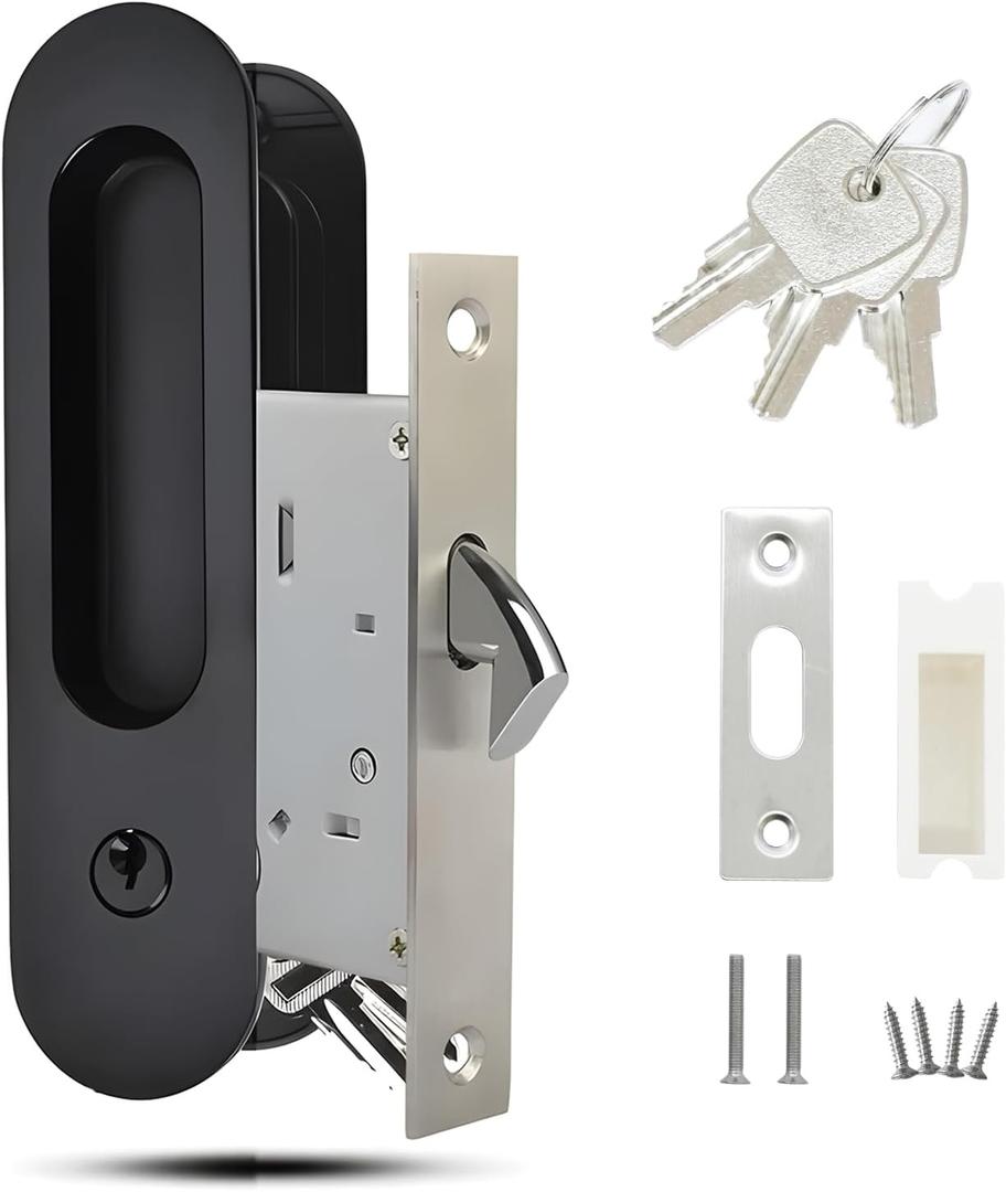 Pocket Door Lock Hardware with Key, Sliding Door Lock Invisible Recessed Handle Latch Pocket Door Lock for Bedroom, Kitchen, Barn Door (Black)