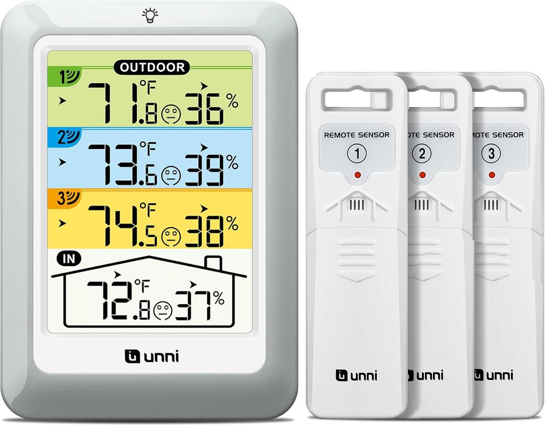 Indoor Outdoor Thermometer Wireless with 3 Sensors, 4.5 Inch Display with 330ft Range and Adjustable Backlight (Colorful)