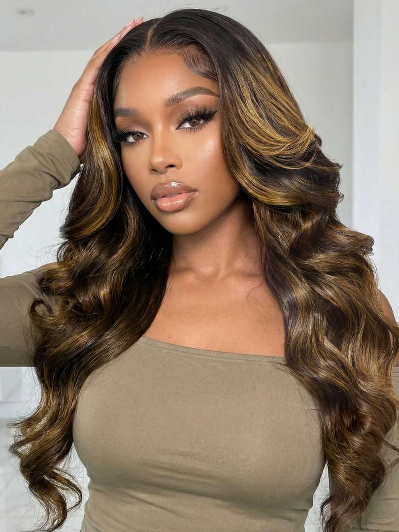 Beauty Forever Balayage Brown Body Wave Glueless Human Hair Wig, Wear and Go Wig for Beginners, 7x5 Lace Pre Plucked Pre Cut Bleached Knots, No Glue Drawstring Cap, Natural Look 150% Density 18 inch