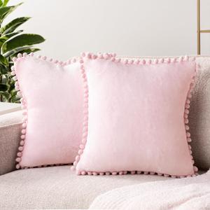 PAVILIA Light Pink Throw Pillow Covers with Pom Pom 18x18 Set of 2, Decorative Pillow Cases for Bedroom Aesthetic, Small Throw Pillows Set for Bed, Velvet Euro Plush Cushion Covers for Sofa Couch
