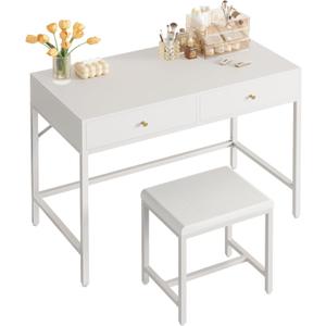SUPERJARE 31.5" White Desk with 2 Drawers, Modern Makeup Vanity with Padded Stool, Small Computer Desk Home Office Desk for Writing Study Bedroom