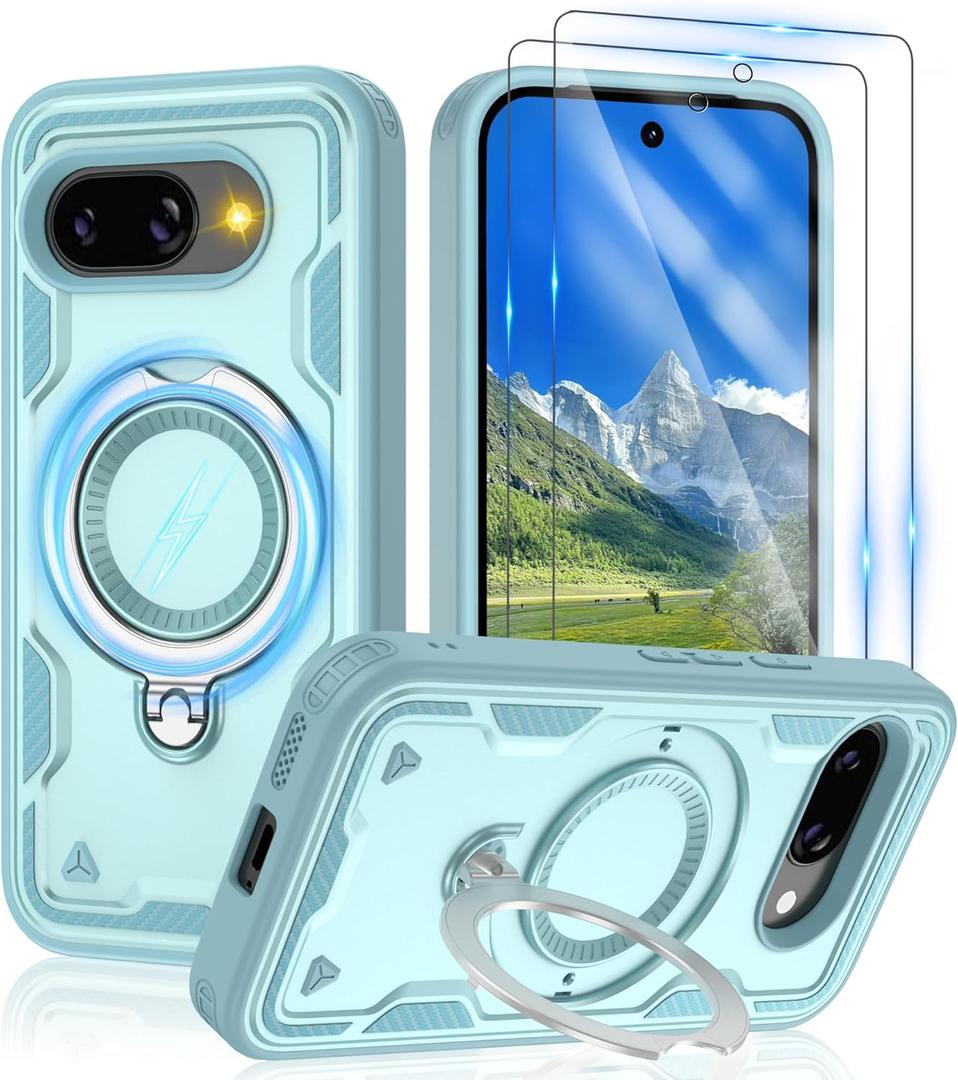 Gritup fro Google Pixel 9A Case | Military-Grade Magnetic Protective Cover Compatible with Mag-Safe, 2-Pack HD Screen Protectors, Rotating Kickstand & Anti-Fingerprint Design, Baby Blue (Pixel 9A-6.1 IN)
