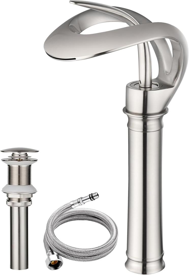Elegant Bathroom Sink Faucet Single Hole,AUU Waterfall Brushed Nickel Vessel Sink Faucet Solid Brass,Single Handle Basin Tap with Pop Up Drian Supply Line (Brushed Nickel, Tall)