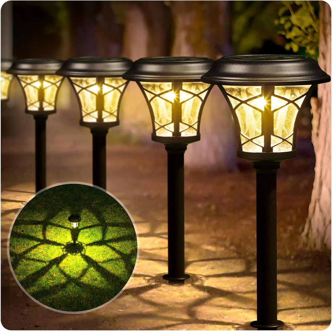 BEAU JARDIN Solar Pathway Lights Outdoor 8 Pack, Metal Bright White LED Solar Landscape Waterproof Garden Glass Auto On/Off Lighting for Outside Garden Yard Walkway Sideway Black