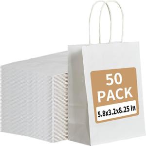 RACETOP 50 Pack White Kraft Paper Gift Bags, 5.8x3.2x8.25 Inch Small Paper Bags with Handles Bulk for Business, Parties & Retail, Shopping, Versatile for Birthday, Wedding, Grocery & Craft